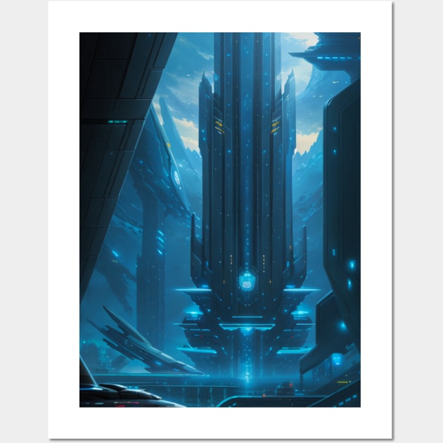 View of a Cyber City Spaceport Wall Art by CursedContent